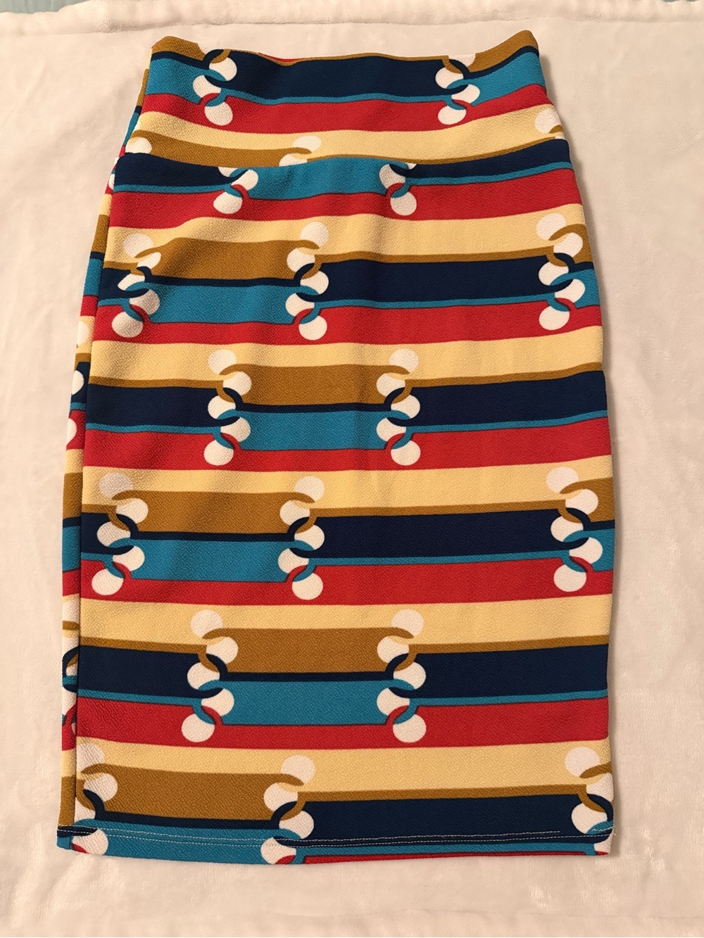 LuLaRoe Striped Geometric Pencil Skirt in Navy, Red, Teal, Mustard & Cream